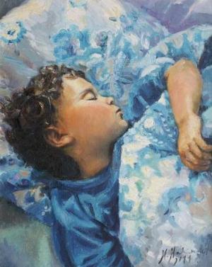 Sleeping child in blue. Painting by Monika Malinowska (Poland).