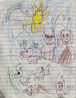 Проба пера: Кіра Селіванова (6 років). Казка про морську свинку, собаку та пʼять морських поросят. Малюнки авторські.