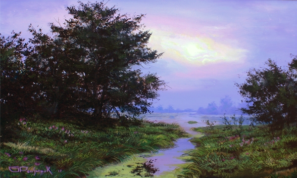 Григорій Поліщук. Бузковий захід сонця. Олія на панелі, 50×30 см, 2017 р.