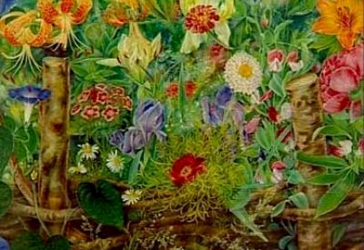 Квіти за тином (фрагмент). Картина Катерини Білокур.