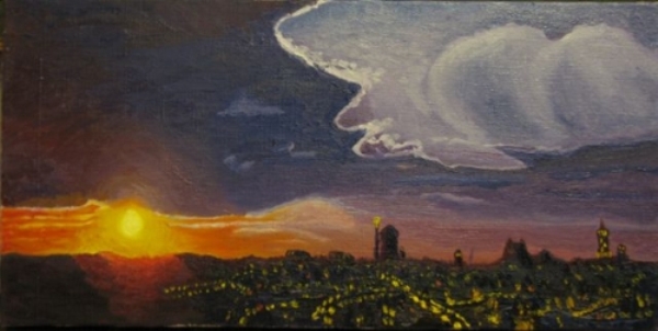 Олег Пронтенко-Maзур. Закат над старим містом. Полотно, олія, 30х60 см, 2009 р.