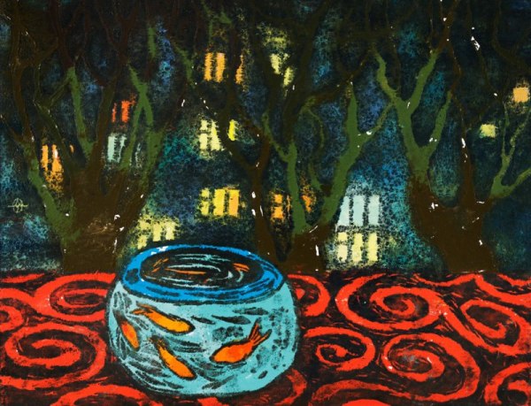 Олеся Джураєва. Золоті рибки і вікна, що світяться. Кольорова гравюра, 2007.