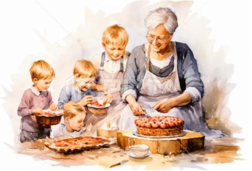This Stock Illustration, whose title is - Kind grandma making pie with her grandsons [104266466]. The author of this item is HiroSund (No.1805639). 