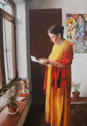Woman reading a letter. Painting by Kevin Hopkins.