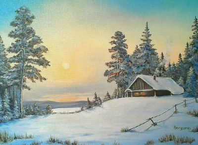 Будиночок у зимовому лісі. Художниця Надія Борисенко.