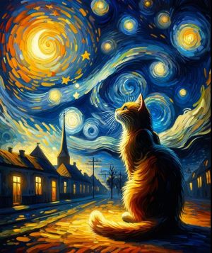 Kitten At the Starry Night. Van Gogh art.