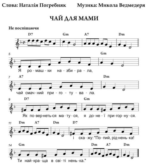 Дитячі пісні композитора Миколи Ведмедері на слова Наталії Погребняк (ноти, слова, відео). ЧАЙ ДЛЯ МАМИ. 