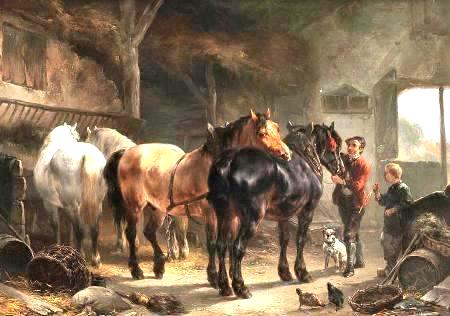 Horses in a stable (Oil on Canvas). Painting by Wouterus Verschuur.