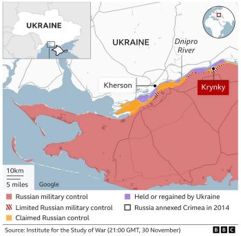Ukraine war: Soldier tells BBC of front-line 'hell'. Krynky. Map.