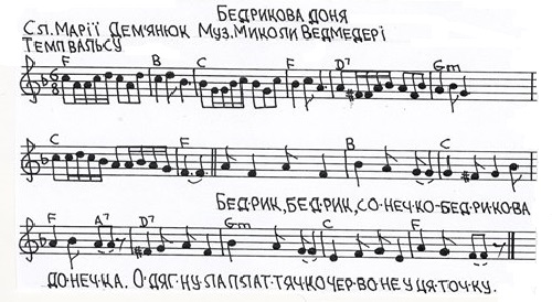 Дитячі пісні на слова Марії Дем'янюк (музика - Миколи Ведмедері). Бедрикова доня - текст та ноти. Дитячі пісні на слова Марії Дем'янюк (музика - Миколи Ведмедері). Бедрикова доня - текст та ноти.