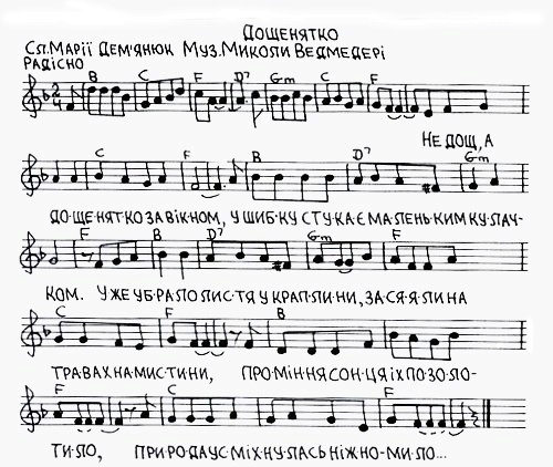 Дитячі пісні на слова Марії Дем'янюк (музика - Миколи Ведмедері). Дощенятко (слова, ноти).