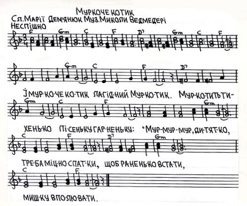 Дитячі пісні на слова Марії Дем'янюк (музика - Миколи Ведмедері). Про котика (слова, ноти).