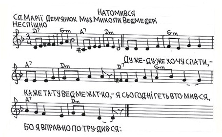 Дитячі пісні на слова Марії Дем'янюк (музика - Миколи Ведмедері). Натомився  (слова, ноти). 