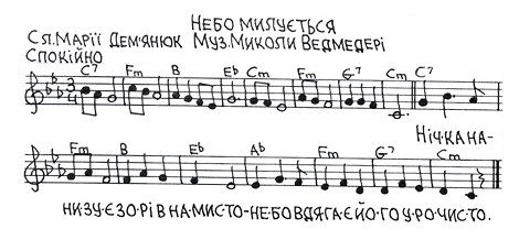 Дитячі пісні на слова Марії Дем'янюк (музика - Миколи Ведмедері). Нічка нанизує зорі (слова, ноти). 