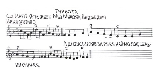 Дитячі пісні на слова Марії Дем'янюк (музика - Миколи Ведмедері). Турбота (слова, ноти). 