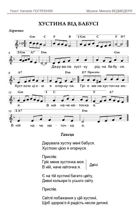 ХУСТИНА ВІД БАБУСІ. Слова Наталії Погребняк. Музика Миколи Ведмедері. Ноти, слова, відео.