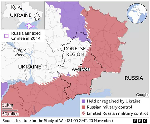 Ukraine war. Facing a harsh winter on the front line. Avdiivka-map - BBC News.