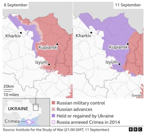 Ukrainian gains in Kharkiv counter-offensive (map) — BBC News.