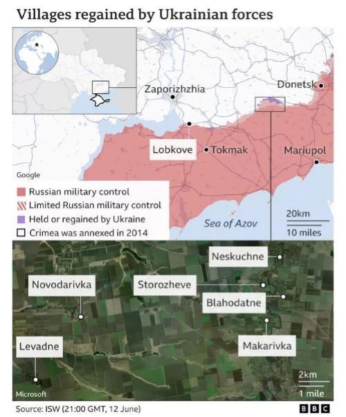 On this map: 2023 Ukrainian offensive. Villages regained by Ukraine forces. 