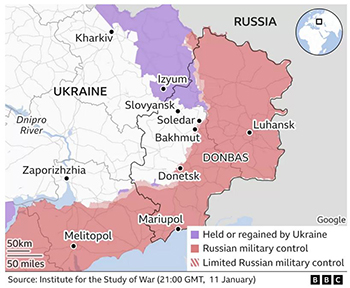 Ukraine war: Ukraine admits pulling out of front line town of Soledar. BBC News, near Soledar, Ukraine. Map of eastern Ukraine.