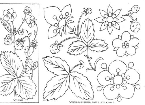 Стилізація квітів, листя та ягід суниці. Схема вишиваня.